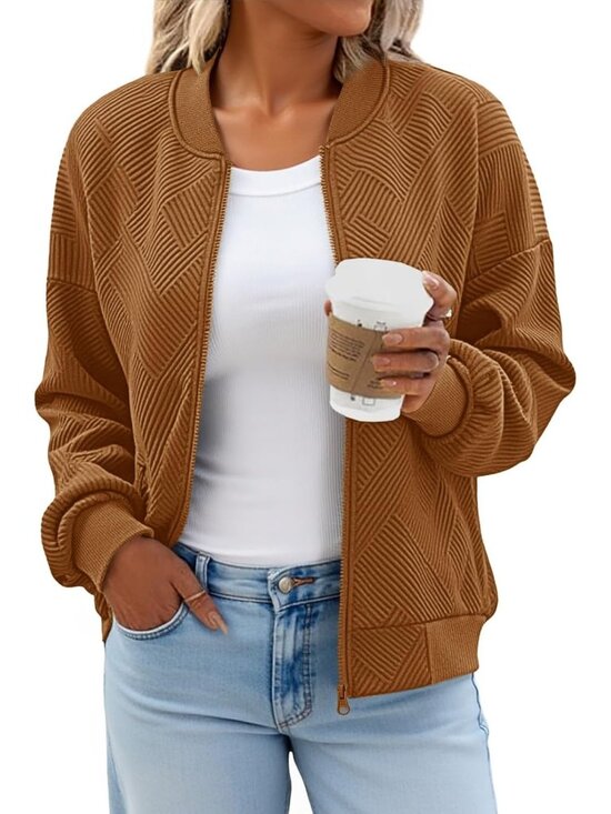 Jackets & Blazers - Women's Brown Bomber Jacket Trendy Casual Lightweight Zip Up Jacket with Pockets